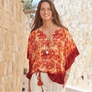 Sundance Top Womens Small Orange Red Sunrise Garden V Neck Boho Floral Western